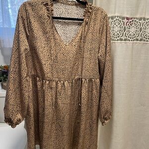 SHEIN Tan Long Sleeve Dress with Black Dots